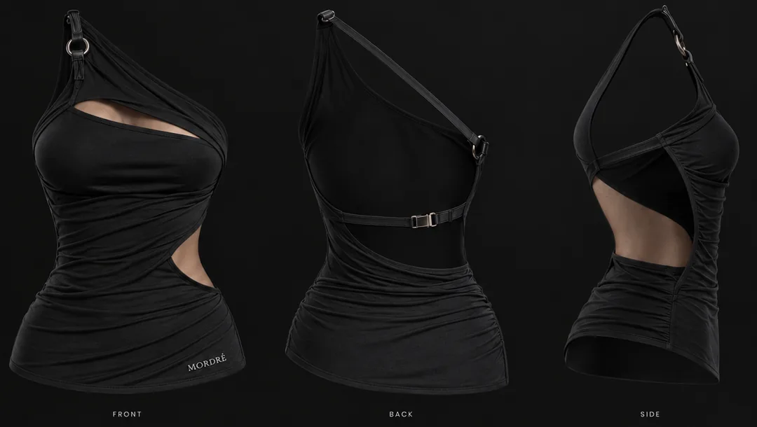 Concept render of 04:43 from the front, back and side: a fitted black one-shoulder top with a ring at the shoulder, cut-outs and a strapped open back.