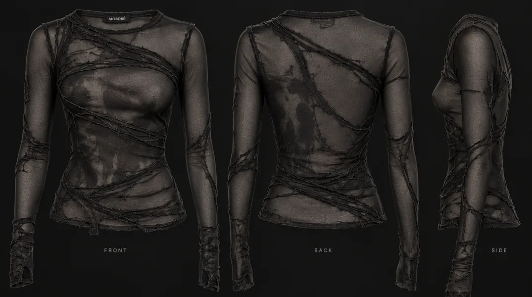 Concept render of SKIN from the front, back and side: a fitted sheer black mesh top with raw-edged diagonal overlays.